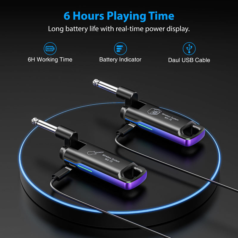 LEKATO Wireless Guitar System UHF Wireless Guitar Transmitter Receiver Rechargeable Audio Wireless Guitar Transmitter and Receiver with 70 Channels Wireless for Guitar Bass Electric Instruments (Blue) Blue