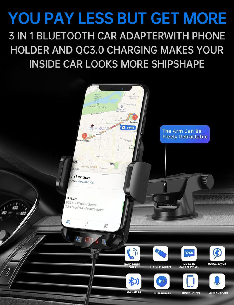 [AUSTRALIA] - Bluetooth Car Adapter 3 in 1 FM Transmitter Car Radio Bluetooth Transmitter with Phone Holder, QC3.0 Fast Charging, Strong Microphone, HiFi Bass Sound, Hands-Free Call, Support USB/TF Drive BLACK 2 