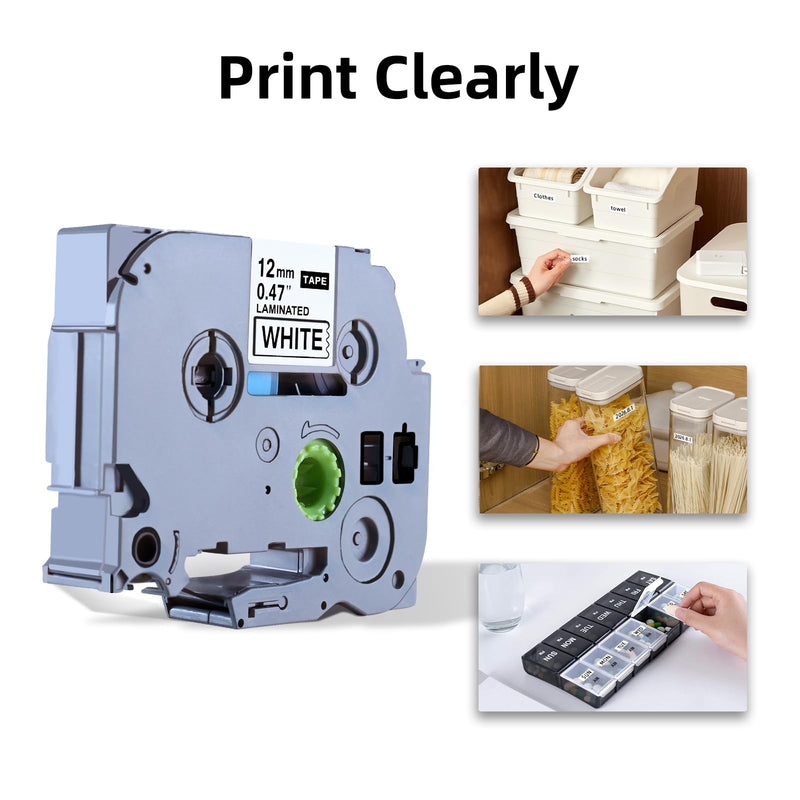 [AUSTRALIA] - Replacement for Brother P Touch Label Tape, Tape 12mm 0.47 Laminated Black on White Tape, Compatible with Brother PT-D210 D410 H110 D220, 6-PK 