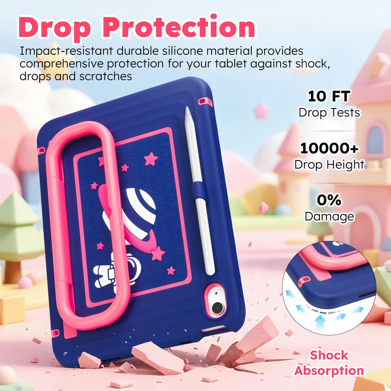 Kids Case for iPad (A16) 11th/10th Generation 10.9"/11" 2025/2022 Release | DJ&RPPQ With Screen Protector, Degree Fold Handle Stand, Shoulder Strap, Pencil Holder for ipad A16 case kids Navy Pink Pink Blue