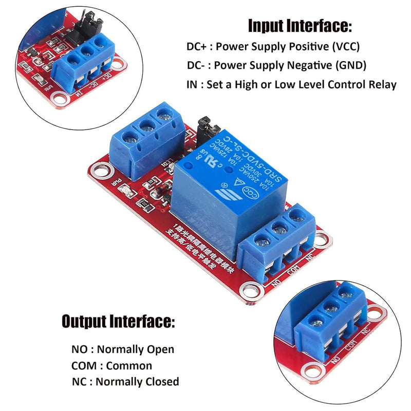 RUNCCI-YUN Pack of 5 One Channel Relay Module 5 V, 1 Channel Relay Module with Optocoupler High or Low Level Trigger Extension Board Relay Switch for Raspberry Pi Arduino Board 5 V 1 channel - 5 pieces, red