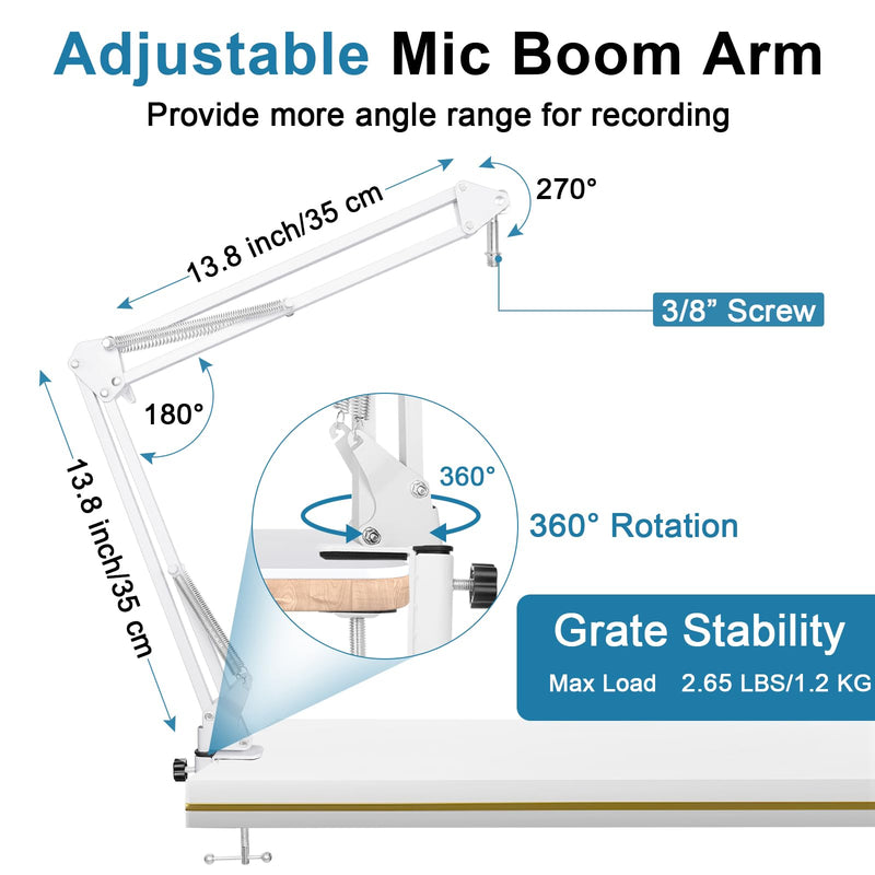 White Boom Arm for Hyperx Quadcast S, Adjustable Hyperx Quadcast White Mic Stand Microphone Arm Compatible with Hyperx Quadcast with Pop Filter,Mic Cover, By ChromLives White Boom Arm for Hyperx Quadcast S