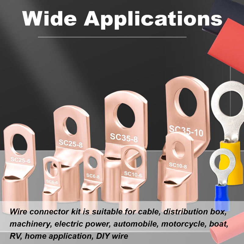 Taiss 110PCS Copper Wire Lugs,Battery lugs AWG 2/4/6/8/10/12/14/16 Gauge Copper lugs Assortment,Battery Cable Ends Copper Ring Terminals Connectors with Heat Shrink
