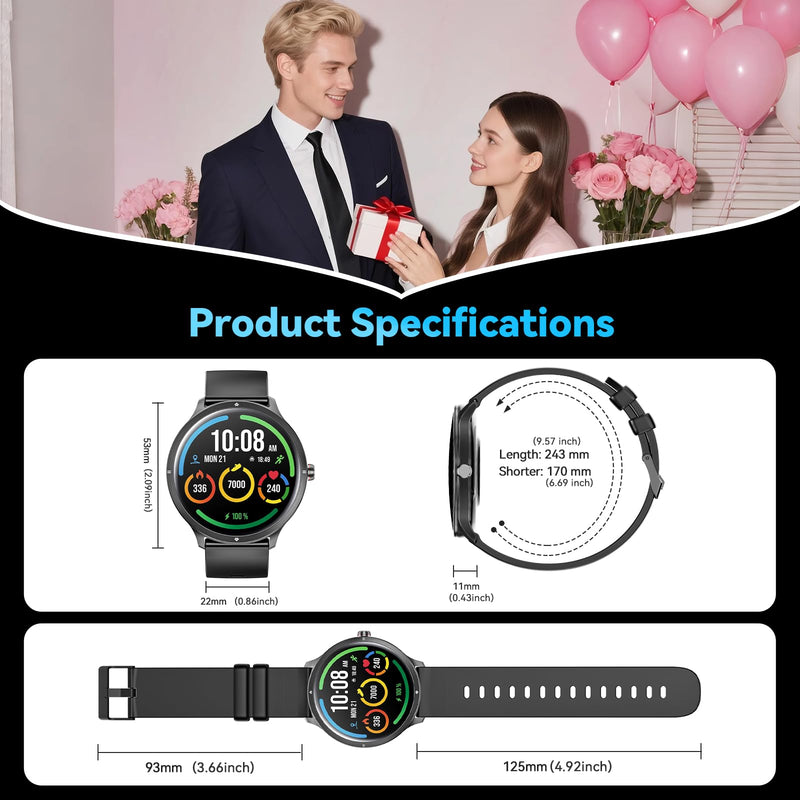 Smart Watches for Women Men, 1.75" AMOLED Smart Watch with Bluetooth Calling, Fitness Tracker with Heart Rate Sleep Monitor, IP68 Waterproof, 100+ Sports Modes, Compatible with iPhone Android Black