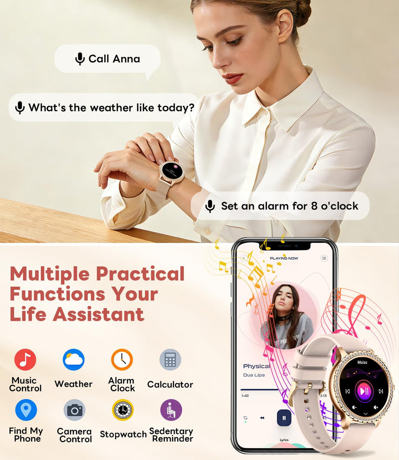 Smart Watch for Women Diamond, Bluetooth Calls, 1.32-inch HD Screen Round Fitness Tracker with Menstrual Cycle/Sleep/Heart Rate Monitor, 100+ Sports Mode, Android/iOS Phone, Rose Gold