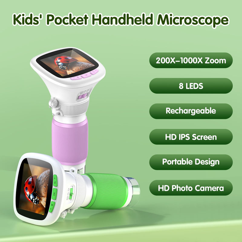 [AUSTRALIA] - Microscope for Kids, EDCREATY 200X-1000X Portable Pocket Handheld Microscope, 2.4 High-Definition Screen, 200W Pixels for Birthday Christmas Holiday Toys Gifts for 5 6 7 8 9 10 11 12 Kids Purple+While 