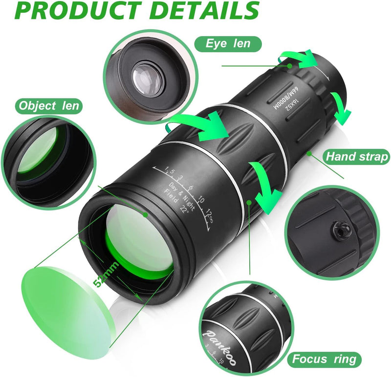[AUSTRALIA] - 16X52 Mini Monocular Telescope High Powered for Adults, Birthday Gifts for Men Dad Him Husband Teen Boys, BAK4 & FMC Prism Scope for Birdwatching Outdoors Hunting, Cool Gadgets for Men 16×52 