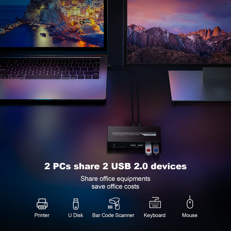 4K KVM Switch HDMI 2 Port for 2 PCs – with USB Hub | 2 computers share 1 monitor, keyboard, mouse, printer & USB drive. 4K@60Hz, plug & play, hotkey switching.