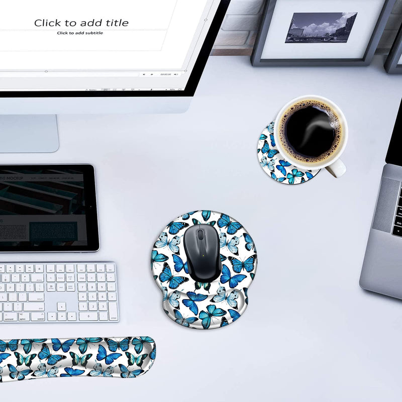 Mouse Pad Wrist Support and Keyboard Wrist Rest Pad with Coaster,Non-Slip Rubber Base Ergonomic Gaming Mousepad for Home Office Working Studying Easy Typing & Pain Relief,Blue Butterflies Blue Butterflies