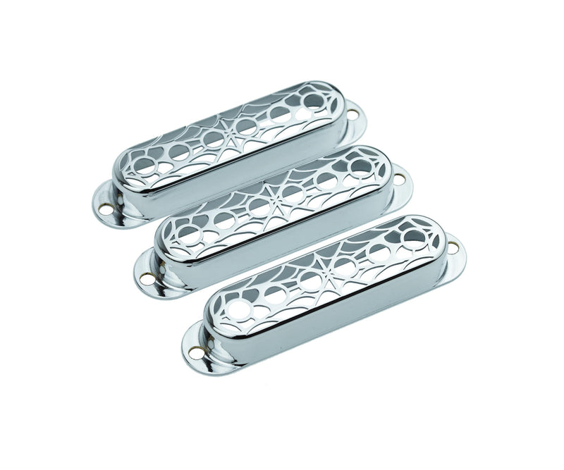 Guyker 3Pcs Single Coil Guitar Pickup Covers (52mm Pole Spacing), Copper Hollow Out Spider Web Style Pickup Mounting Ring Set Guitar Accessories Replacement Part(PS007, Chrome) PS007, Chrome