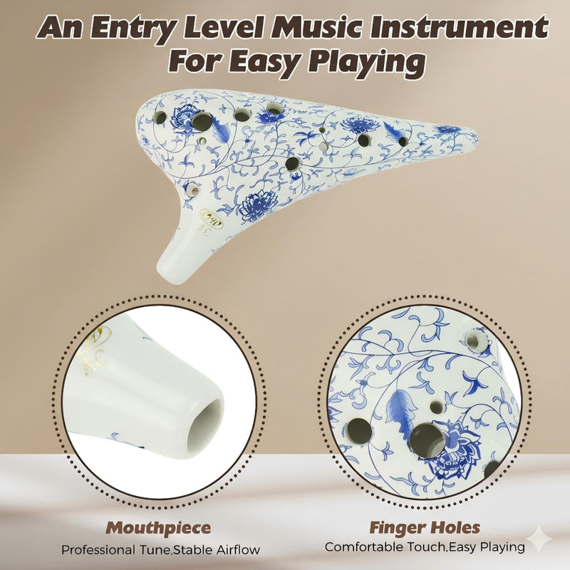 [AUSTRALIA] - OcarinaWind 12 Hole Alto C Ceramic Ocarina – Blue & White Glaze | Handcrafted Collectible with Protective EVA Case Blue&White 