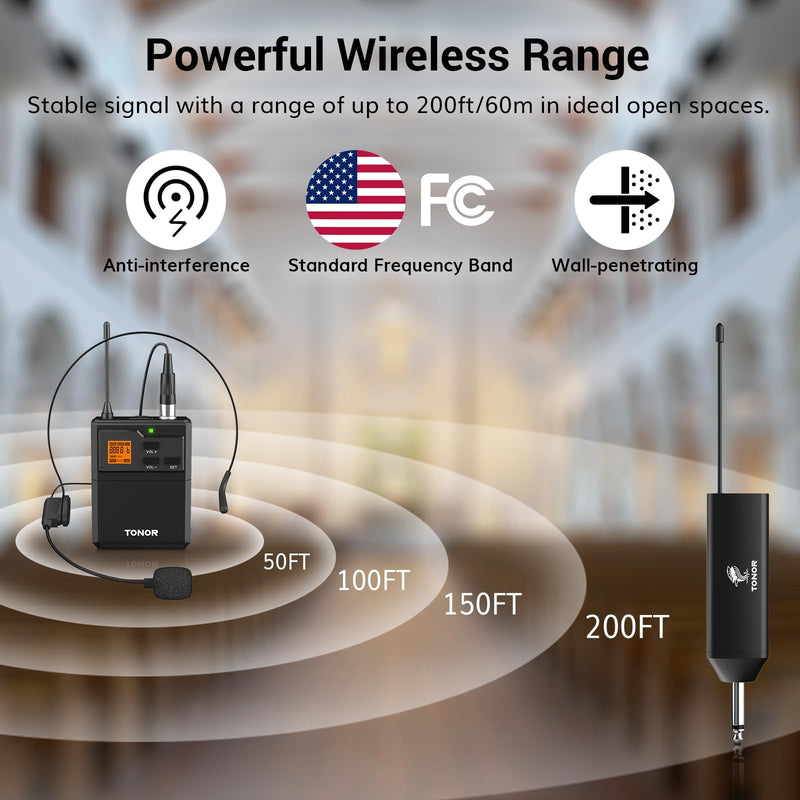 TONOR UHF Wireless Microphone System with Headset Mic/Lavalier Lapel Mic, Bodypack Transmitter, Rechargeable Receiver, 15 Channels 200ft Range 1/4" Output for Recording Live Performance PA Speaker 1 Pack