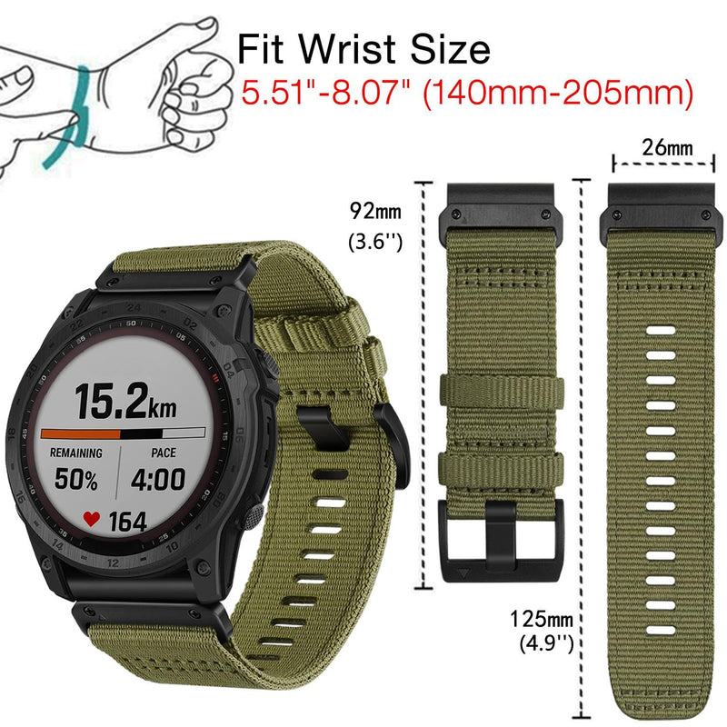 Abanen Rugged Nylon Watch Bands for Garmin Fenix 7X / Fenix 6X / Fenix 5X/Enduro 2, Quick Fit 26mm Adjustable Woven Nylon Sports Wrist Strap with Stainless Steel Clasp for Tactix 7 Pro, epix Pro 51mm Military Green