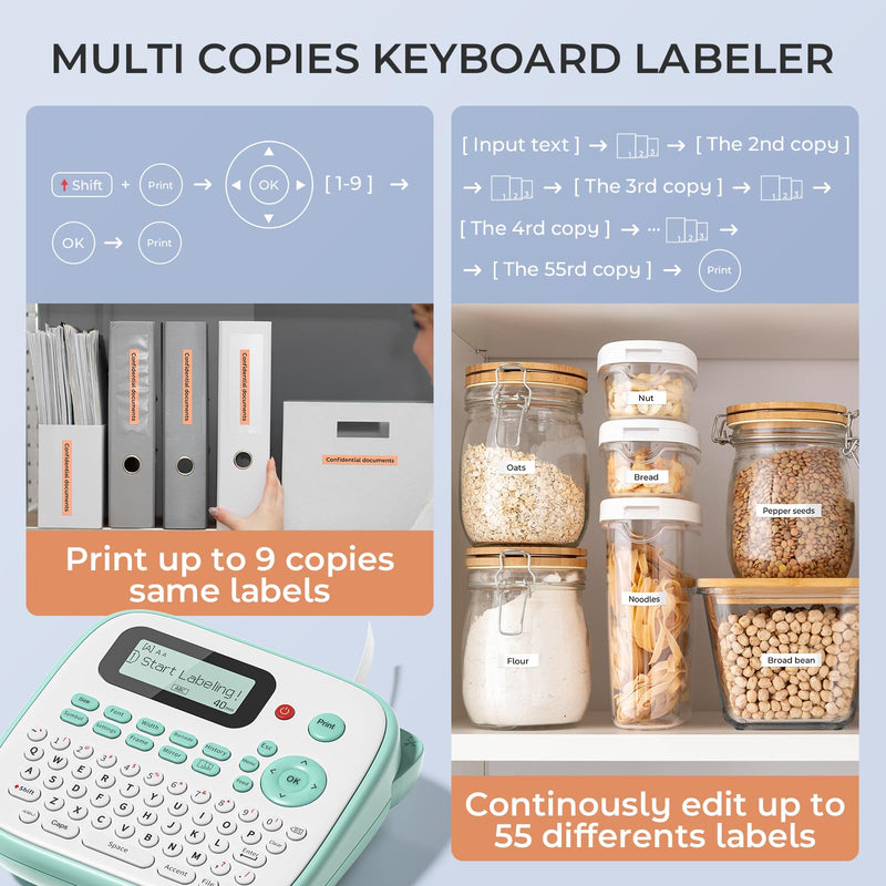 [AUSTRALIA] - Label Maker Machine with Tapes, D210S Label Maker with Keyboard, Handheld Labeler Machine with-Tape 12mm 0.47 Laminated White, Multiple Symbols for Home Office School Kids Use Green 