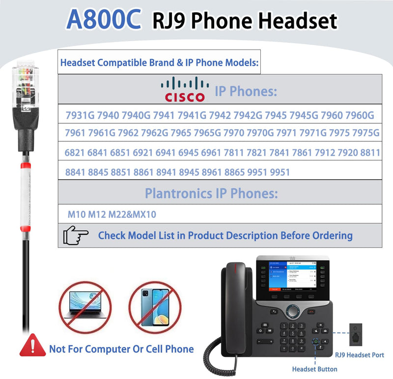 [AUSTRALIA] - Arama Phone Headset for Cisco Landline, Noise Canceling Microphone Mute Switch Telephone Headset Compatible with Cisco IP-7821 7841 7942G 7931G 7940 7941G 7945G 7960 7961G 7962G 7965G 7975G 8811 8841 
