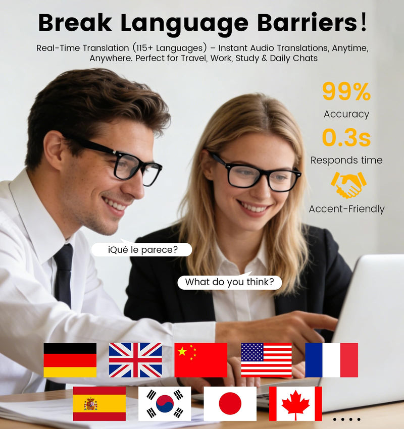 AI Smart Bluetooth Glasses for Men and Women with Translation | Real-time translation (115 languages), Glasses with speakers, Hands-free calls, Blue-light protection, for iOS/Android. Black frame Anti-Bluelight Lense