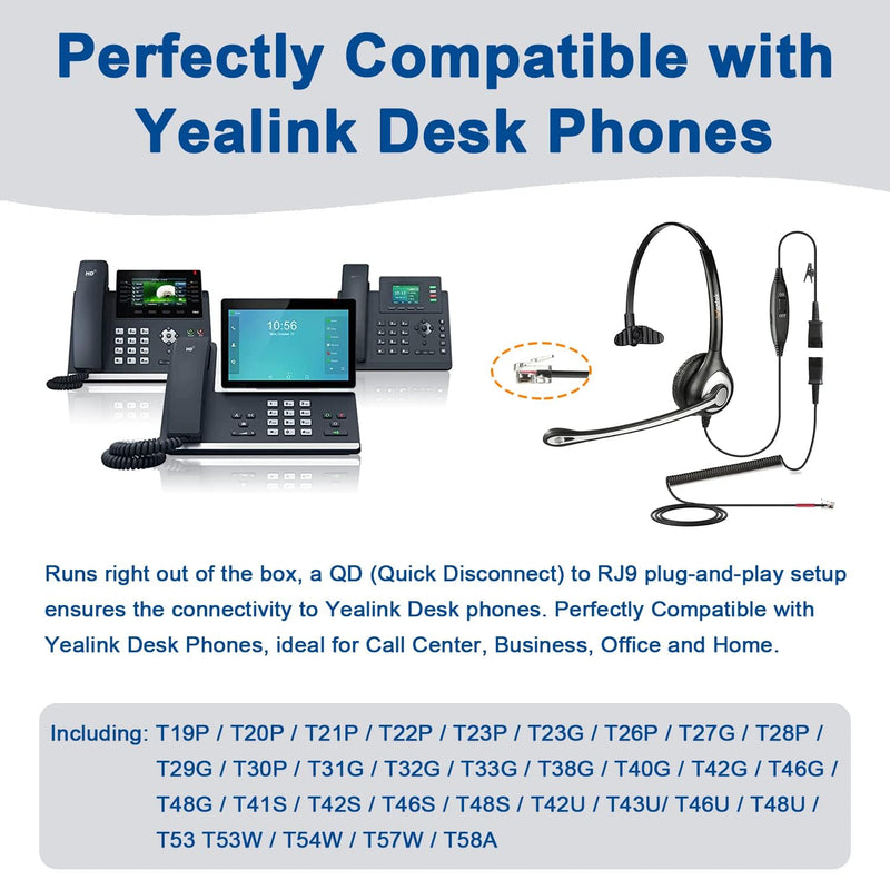 Wantek Yealink Phone Headset with Quick Disconnect Cord, RJ9 Office Telephone Headsets with Mic Noise Cancelling Compatible with Yealink VoIP Phone T21P T42S T46S T48S T27G T53W T54W Grandstream Snom Monaural Black