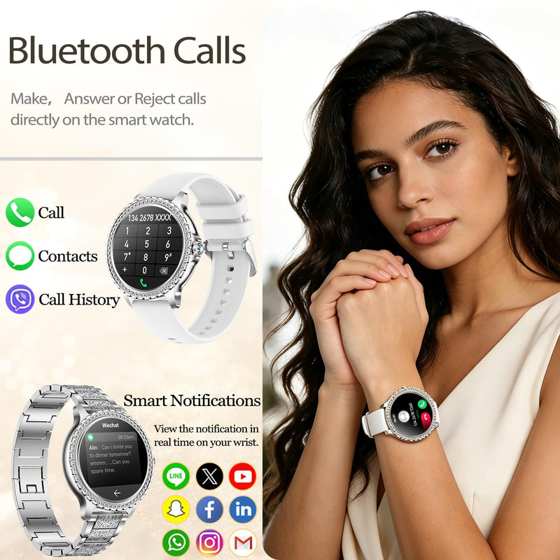 Smart Watch for Women with Diamonds, Bluetooth Calls, 1.32'' Full HD Screen Fitness Tracker with Multiple Sports Modes/Heart Rate/Sleep Monitor, IP68 Waterproof for Android iOS, Elegant Silver