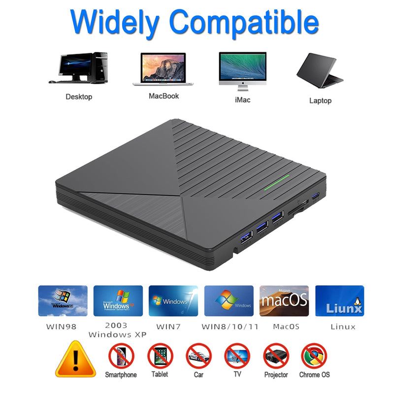 External CD DVD Drive for Laptop Mac with 3 USB Ports and 2 TF/SD Card Slots,USB 3.0 & USB-C CD DVD Optical Disc Reader Burner Player for MacBook Pro Air iMac Laptop PC Windows 11/10/8/7 Linux Mac OS