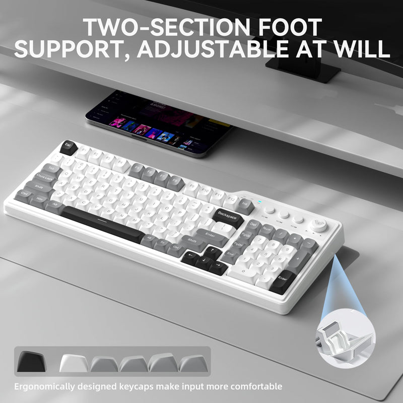 Aula F3099 Wireless Keyboard with Media Knob, Tri-Mode BT5.0/2.4GHz/USB-C Cute Creamy Keyboard with Number Pad, RGB Backlit Gaming Keyboard, Quiet Typing Computer Keyboards for Office Laptop/PC Black&White&Grey