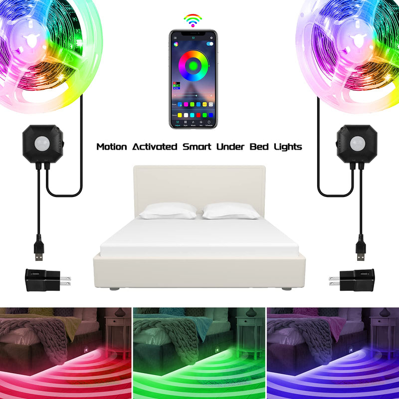 Under Bed Lights 2 Set*9.84ft Motion Activated RGB LED Strip Light, App Control/Variety Color/Dimmable/Dynamic Music Sync/5V USB, Motion Sensor LED Strip Light for Bed Cabinet Staircase Bedroom 2 Sets