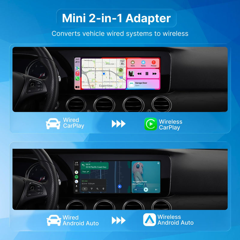 Mini Wireless CarPlay & Android Auto Adapter Wireless Converter | Aluminum & Glass Build, Dual 5G Chips, Low Latency Auto Connect, OTA Update, Plug & Play for Wired CarPlay/Android Auto Cars USB Type A