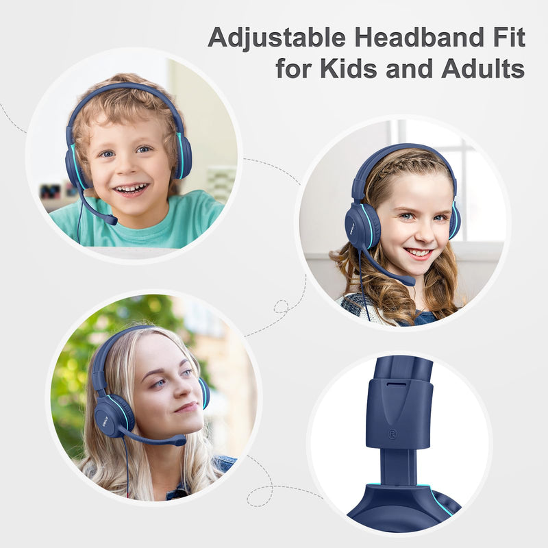SIMOLIO Wired Headphones for School with Microphone, Stereo Kids Headphone with Flexible Swivel Boom Mic for Student K12 & Teacher & E-Learning, 3 Levels Volume Limiter Gaming Headsets for Boys, Girls Blue