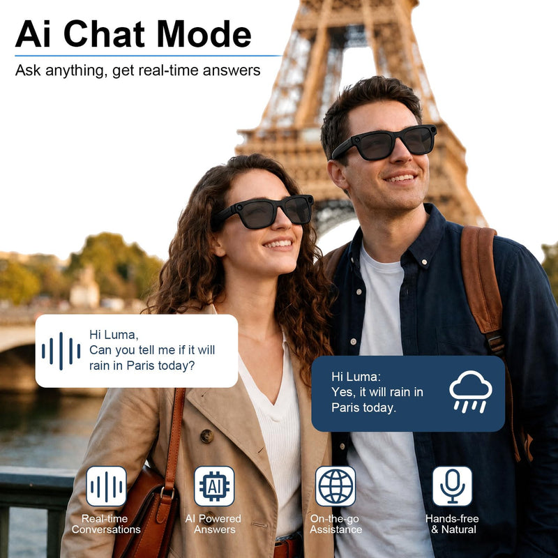 AI Smart Glasses with Camera, 8MP HD Capture 1080P EIS Video & ChatGPT | AI Sunglasses, Hands-Free Video & Photo, 165-Language Real-Time Translate, Dual Open-Ear Speakers, for Travel/Work/Daily