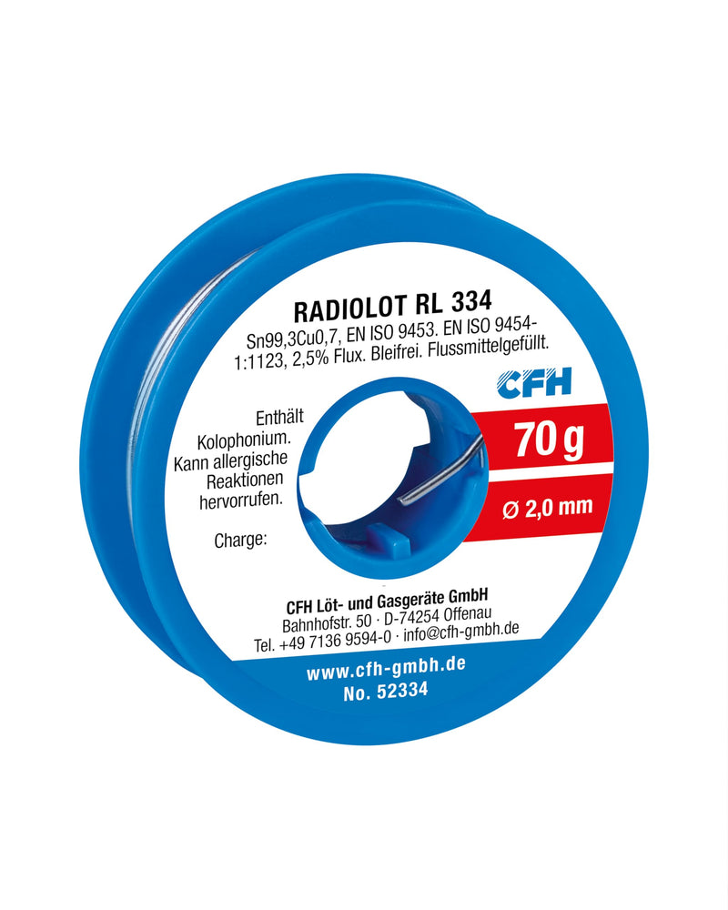 CFH Radiolot RL 334 – Solder Diameter 2.0 mm, 70 g, Flux Filled, Lead-Free, Solder for Fine Soldering, Plumbing, Telecommunications Construction and General Soldering, High Quality, Made in Germany