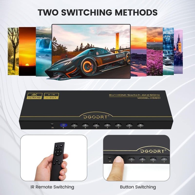 [AUSTRALIA] - DGODRT 8×1 HDMI Switch 8 in 1 Out, 8 Port 4K HDMI Switcher Selector Box with IR Remote Control, Support 4K@30Hz Ultra HDR HDCP 3D 1080P for Xbox PS4 PC Laptop 4K@30Hz/8 in 1 Out 