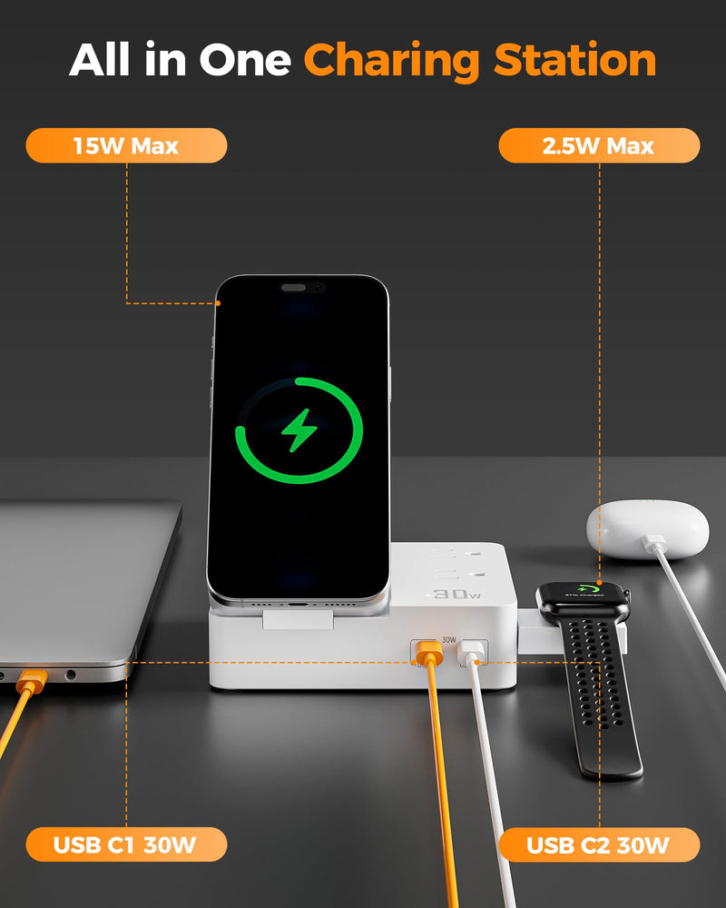 TESSAN 30W Charging Station USB Phone Charger with Wireless Charging | 2 USB C/1 USB A and 2 AC Outlet,for iPhone 17/16/15 Charging Stand, for Apple Watch Charging, Flat Plug, 5ft Cord, White