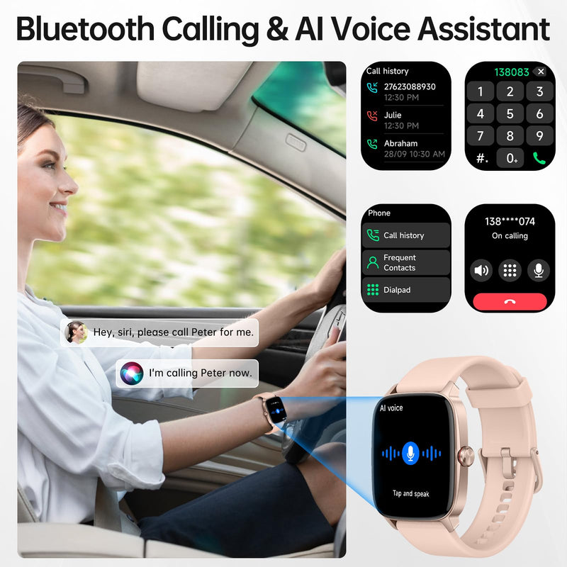 Smart Watches for Women Men with Bluetooth Call & AI Voice, 1.85" HD Fitness Tracker with Heart Rate SpO2 Sleep Monitor, 100+ Sports Modes,Mini Games, IP68 Waterproof Smartwatch for Android iOS Phones Light Pink