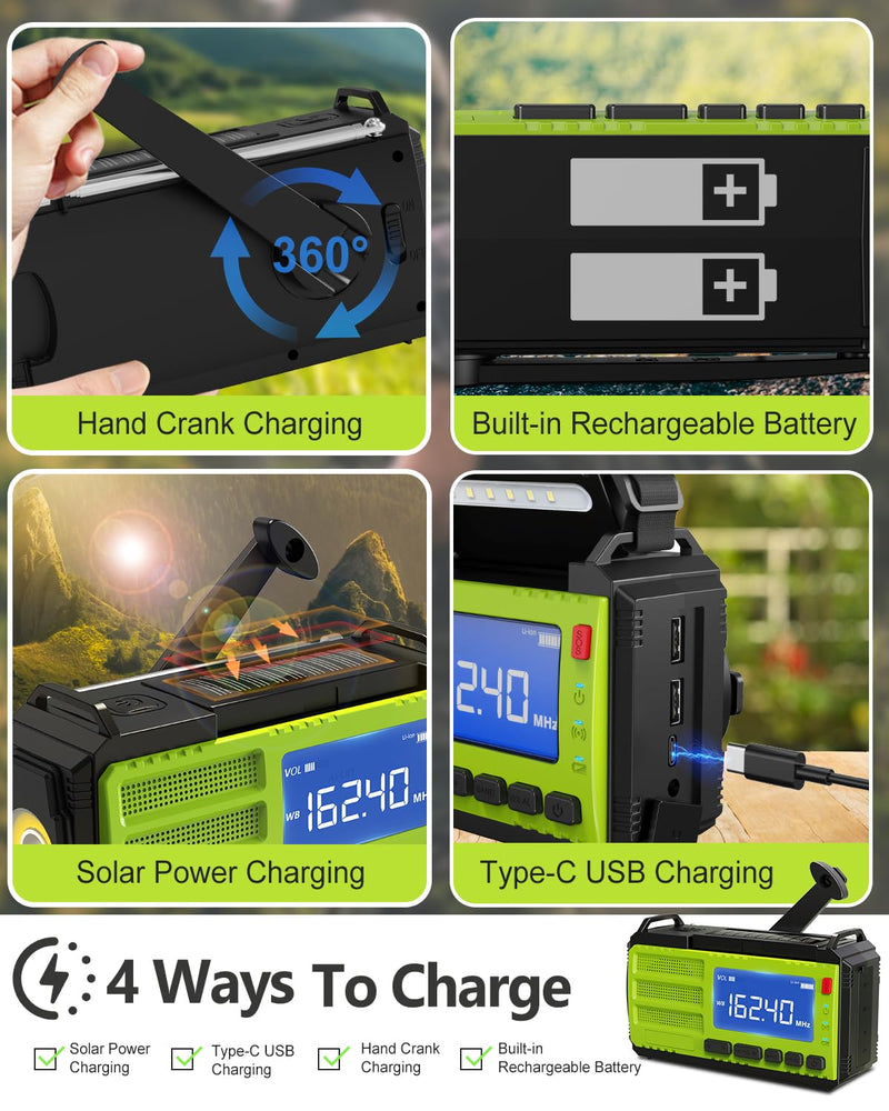 37000mWh Hand Crank Emergency Radio, AM FM NOAA Weather Alert Radio, Portable Solar Radio, 4 Charging Methods, 3-Mode Flashlight, Reading Lamp, SOS Alarm, Phone Charger for Winter Storm Emergency Green
