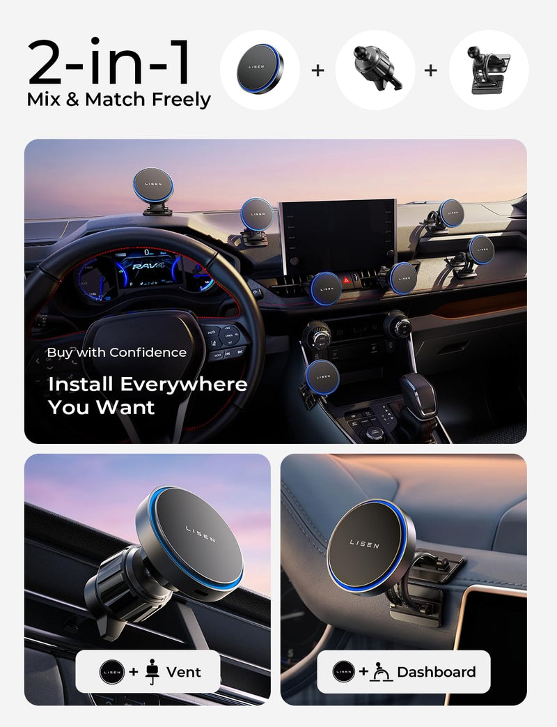 LISEN 15W MagSafe Car Mount Charger,[Light Pink] Magnetic Wireless Car Charger, Dashboard & Air Vent Car Phone Mounts, Car Phone Holder for iPhone 17-12, Samsung, Pixel, Cute Car Accessories for Women | [Light Pink & Purple LED light] Magsafe Car Mount...