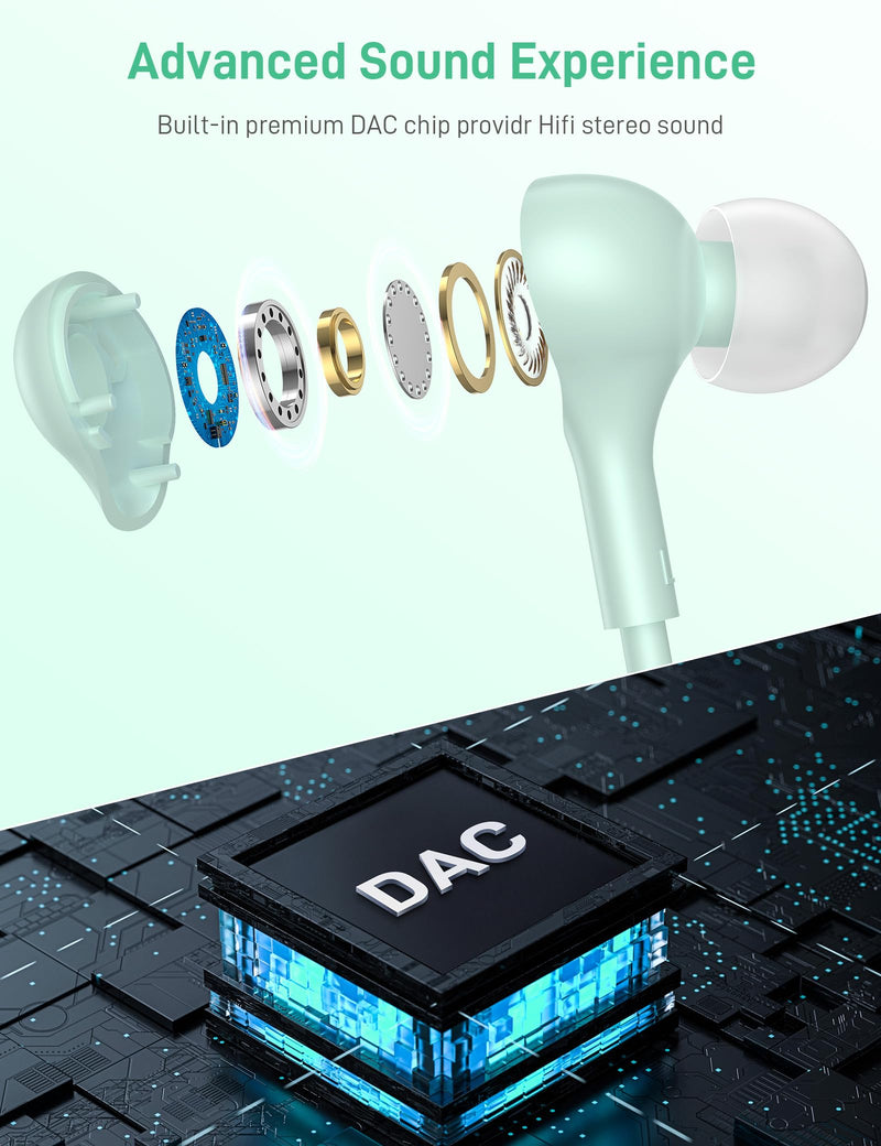 USB C Headphones for Apple iPhone 15 Plus iPad/Google Pixel 8 8A 7 Pro 7A/ Samsung Galaxy S24 S23 S22 S21 Ultra Android Earbud Wired Type C Earphones Magnetic Small Ear Buds with Microphone Mint