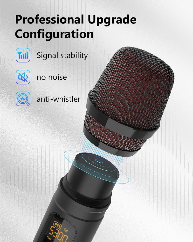 Wireless Microphones, UHF Metal Dual Handheld Cordless Dynamic Karaoke Microphone Wireless, 1/4 "Output for Rechargeable Wireless Microphone, Wedding, Party,DJ, Church, Speech,Class Use, 240ft