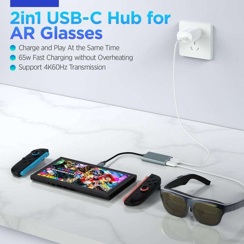 HiBloks USB-C AR Hub and Charging Adapter for Switch 2 and AR Glasses | Charge and Play Adapter with 4K60Hz and 65W Fast Charging for Switch 1&2/Rokid/Xreal/RayNeo/VITURE/iPhone 15&16 &17