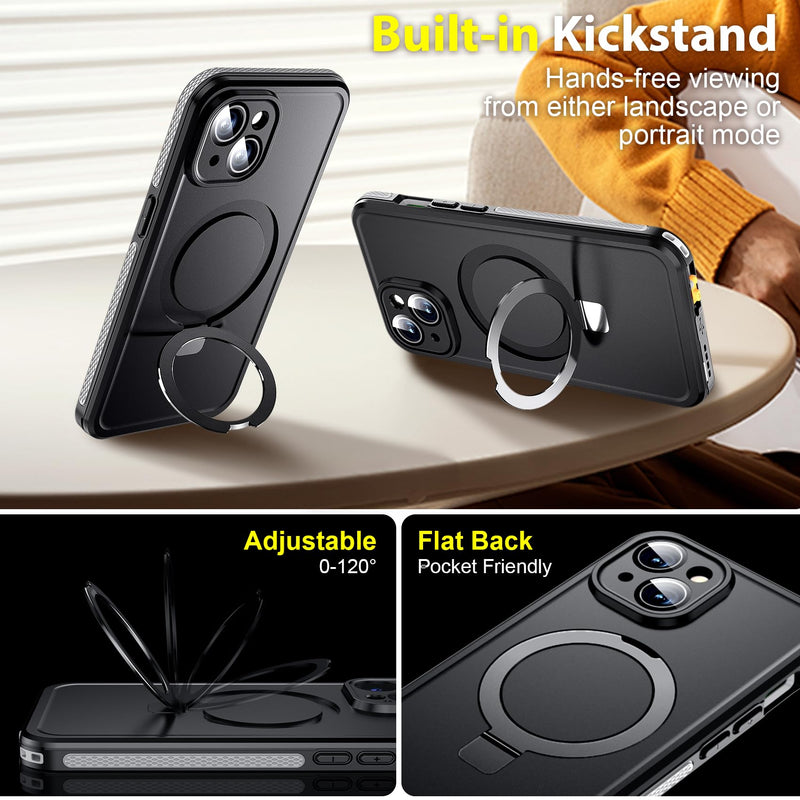 Hualele for iPhone 15 Waterproof Case Ultra Magnetic with Stand, Built-in Screen & Lens Protector [IP68 Underwater][Military Dropproof] [Compatible with MagSafe] Kickstand Case-Grey Black/Grey