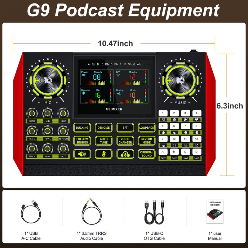 Audio mixer, suitable for live streaming, singing, and gaming on computer/phone; soundboard for 3.5mm condenser microphone; podcast mixer with live sound card, noise reduction, and one-touch mute G9