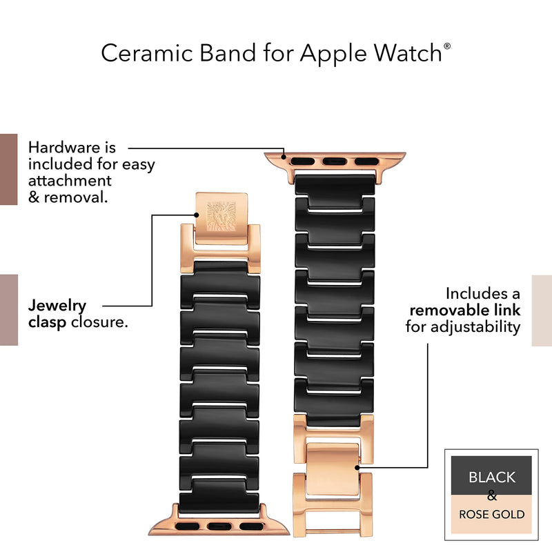 Anne Klein Ceramic Link Fashion Bracelet for Apple Watch, Secure, Adjustable, Apple Watch Replacement Band, Fits Most Wrists 42mm (Series 1-3), 44/45/46/49mm (Ultra & Ultra 2) Black/Rose Gold-Tone