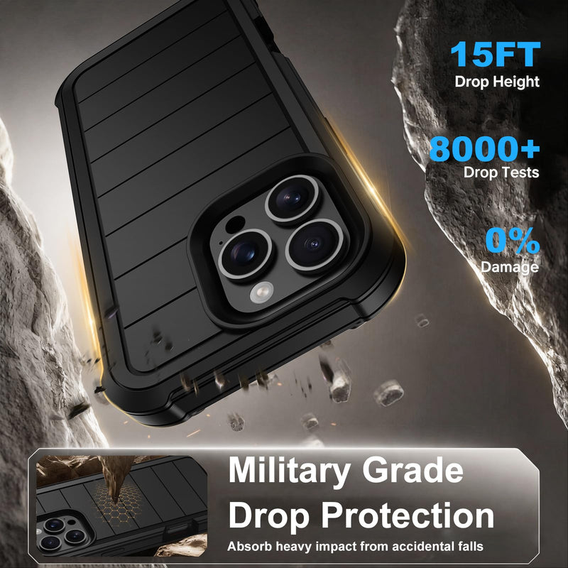 for iPhone 16 Pro Max Case with Belt Clip Holster Screen Protectors | Heavy Duty Military Grade Shockproof Protection Anti-Drop Rugged Kickstand Black