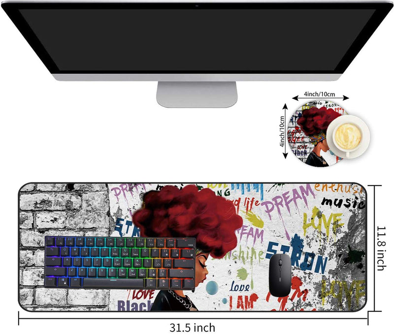 Extended Gaming Mouse Pad and Coaster,Large Non-Slip Rubber Base Mousepad with Stitched Edges,Waterproof Mouse Mat Desk Pad for Work,Office,Home -African Black Woman Graffiti Girls with Red Hair Ya-mousepad-5-1