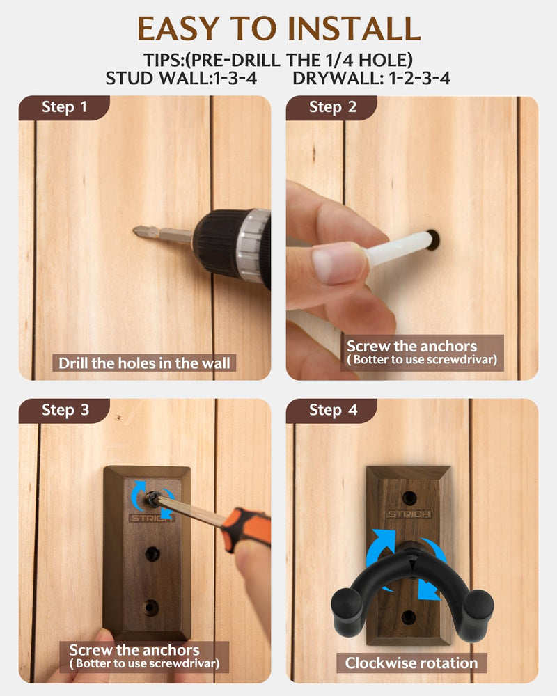 STRICH Guitar Wall Mount,Walnut Base Guitar Hanger,U-Shaped Hanger Mount with Screws, Guitar Holder Hook Stand Wall for Acoustic, Electric Guitar, Banjo, Bass(3-Pack)
