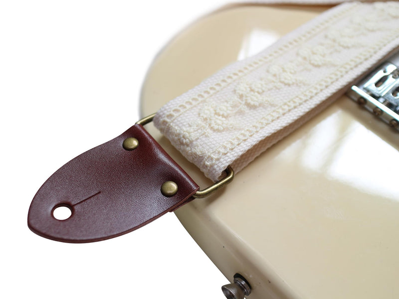 MUSIC FIRST Original Design, 2 inch width (5cm), Cream Lace Electric Guitar Strap Bass Strap With Genuine Leather Strap End (The Leather Made In Italy) (Cream Lace)
