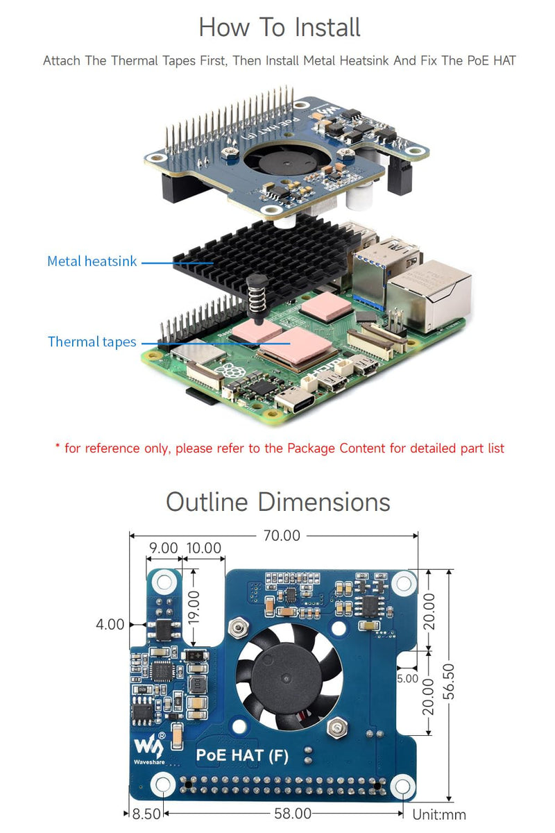 Waveshare PoE HAT (F) Compatible with Raspberry Pi 5, High Power, Onboard Cooling Fan, with Metal Heatsink, Supports 802.3af/at Network Standard