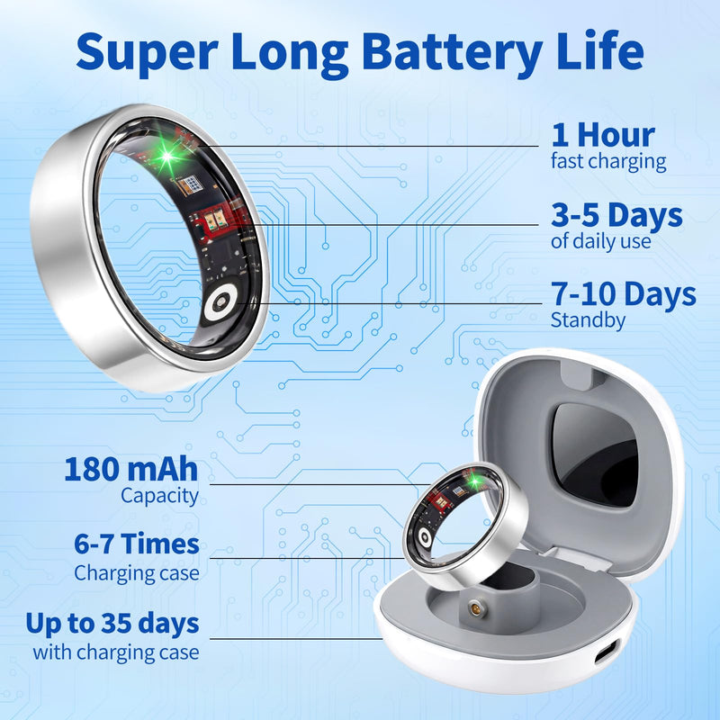 Smart Ring Fitness & Sleep Tracker HR Monitor (Silver, 8) | Women's Health,No subscription,IP68 Waterproof, 3-5 day Battery Life, Remote photography, Size Before You Buy Silver
