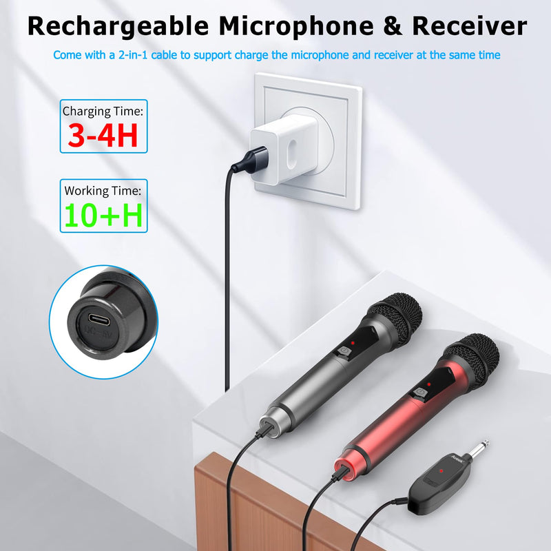 Aveek Wireless Microphone for Karaoke, Rechargeable Karaoke Microphone(Work 10hs), for Speaker, Karaoke Machine,Church, Speech, Wedding, Party Singing, Grey&Red, 2 Packs red&gray
