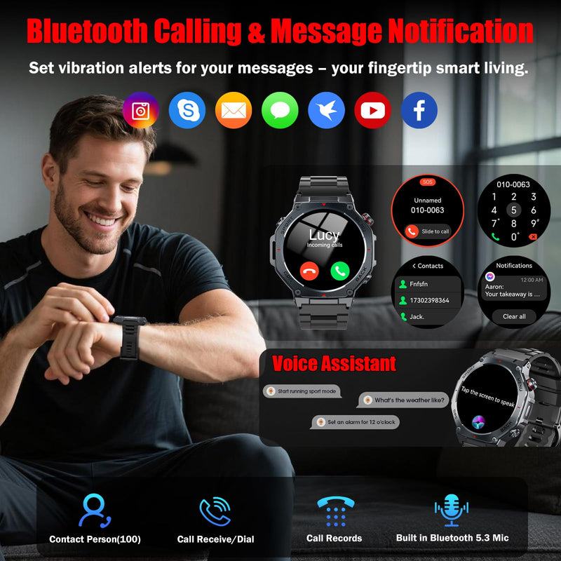 Jugeman Military Smart Watch for Men Built-in GPS with LED Flashlight-Black | 1.43" AMOLED Display, 5ATM Waterproof, Compass, Fitness Tracker, Heart Rate/Sleep/Blood Oxygen, Watches for Android/iPhone Black