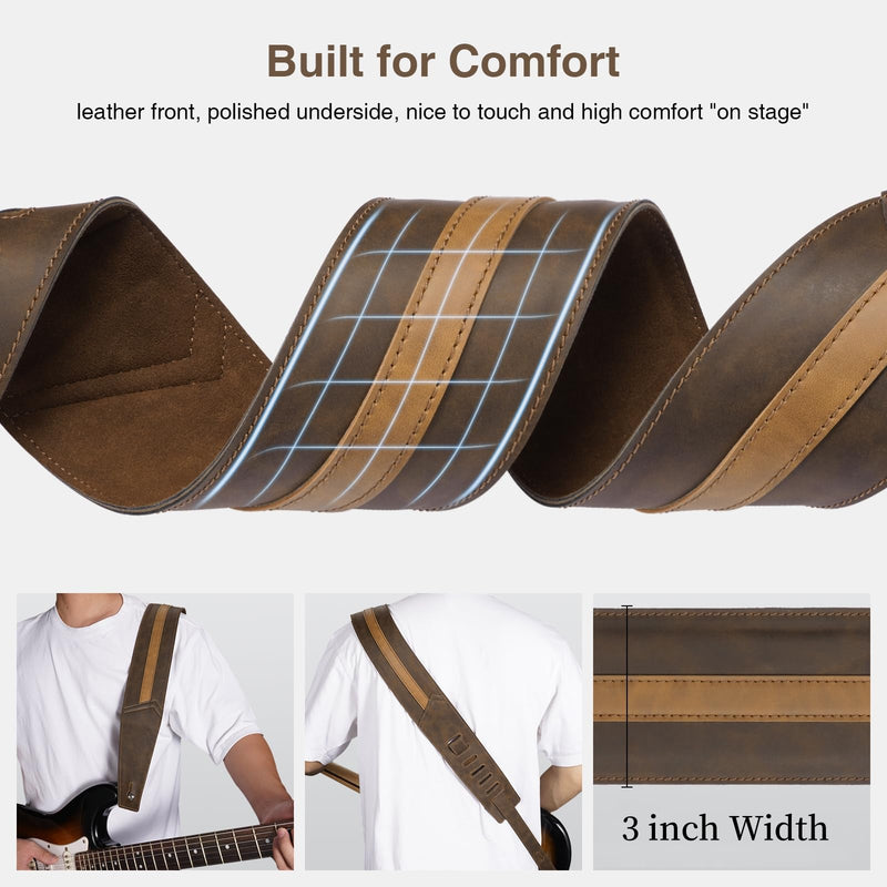 [AUSTRALIA] - Leather Guitar Strap, 3 inch Wide Comfortable Foam Cushion Padded Bass Strap, Adjustable Length from 51" to 57", with Strap Locks & Picks, for Bass/Electric/Acoustic Guitar (Brown) 