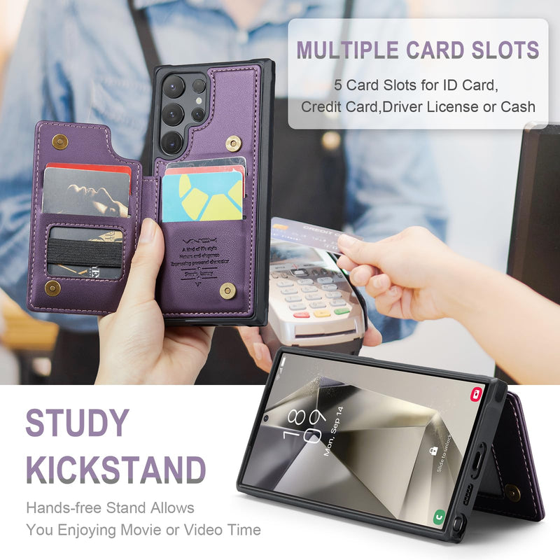 for Samsung Galaxy S24 Ultra Case with Card Holder, for Samsung S24 Ultra Wallet Case for Women Men with RFID Blocking, Durable Kickstand Shockproof Case for Galaxy S24 Ultra 5G, Purple Samsung Galaxy S24 Ultra - 6.8"